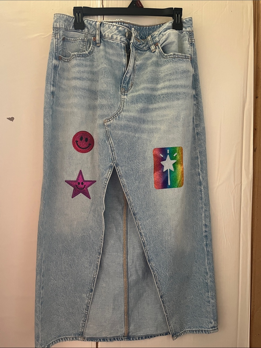 Graphic Image Light Wash Denim Maxi Skirt with Rainbow & Pink Patch Accents